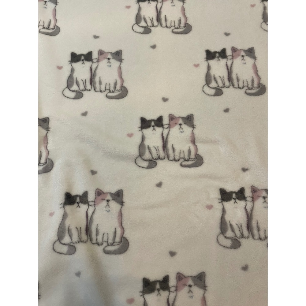 White Cat Heart Pattern Fleece Throw Blanket Grey Pink Feline Decor 48x70